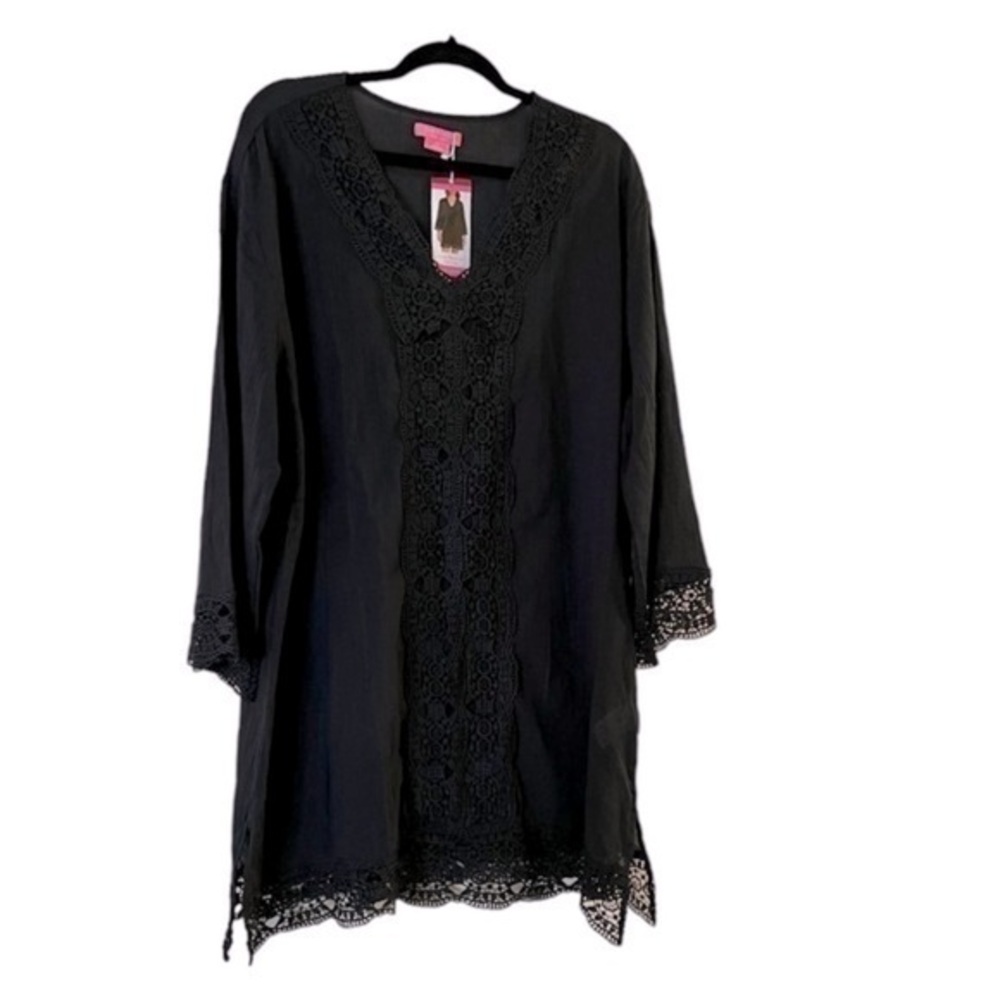 NWT Isaac Mizrahi “Daisy” Black Cotton Gauze Crochet Trim Swim Cover-up Tunic